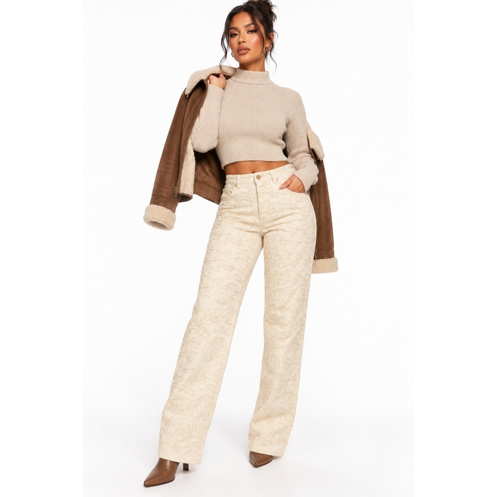 PrettyLittleThing Petite Floral Embroidered Straight Leg Jeans Ecru Cream US 2